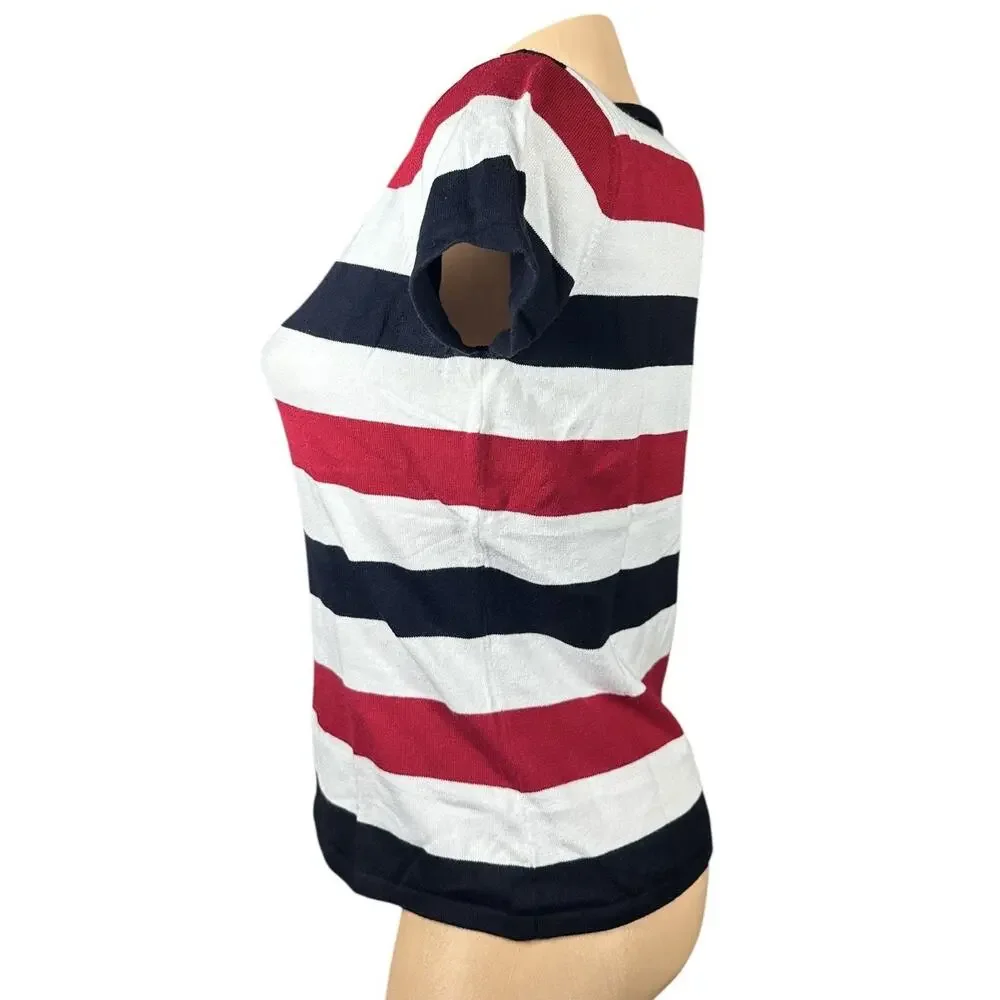 Vtg TALBOTS‎ Red White Blue Stars Stripes 2 Pc Cardigan Sweater Set Patriotic S